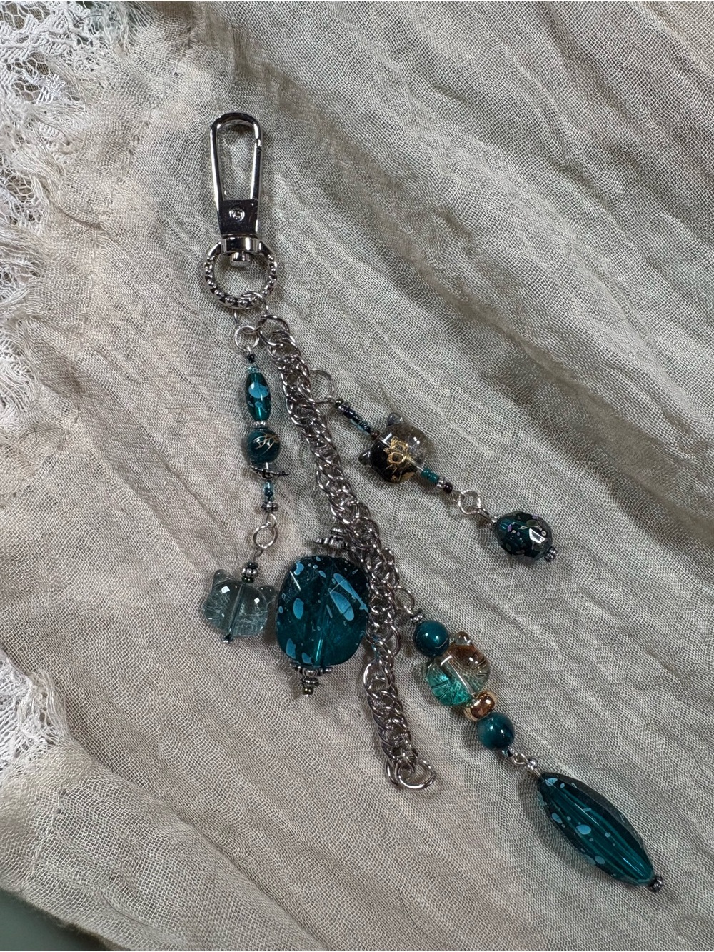 Teal Beaded Purse Charm with Cat Beads- Upcycled